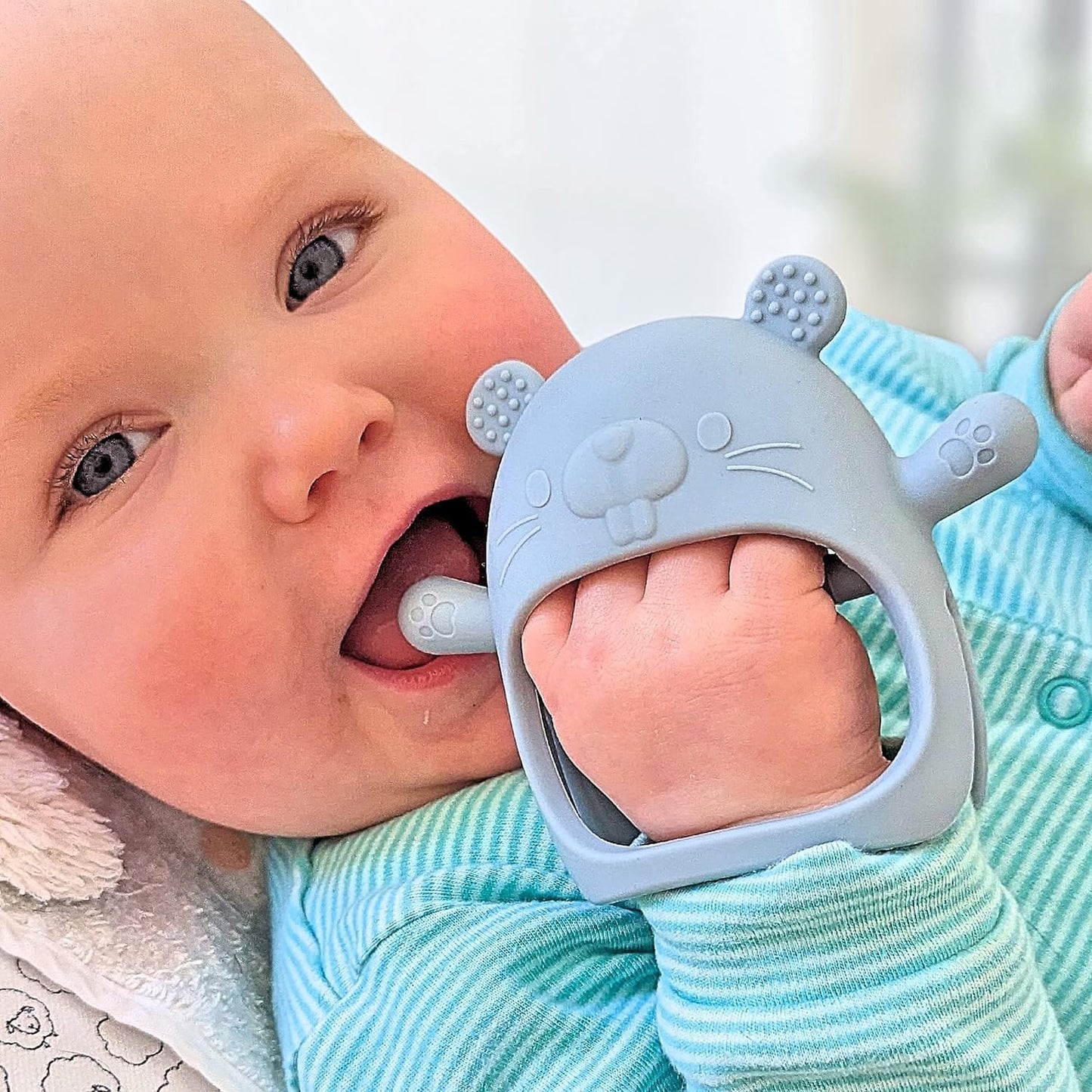 Teething Toys for Baby Gifts – Chipmunk Silicone Mitten Teether, Soothing Glove for Infants, Baby Toys 0-6 Months, Soft Chewable Teether Toy to Prevent Finger Sucking, CM Blue