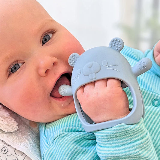 Teething Toys for Baby Gifts – Chipmunk Silicone Mitten Teether, Soothing Glove for Infants, Baby Toys 0-6 Months, Soft Chewable Teether Toy to Prevent Finger Sucking, CM Blue