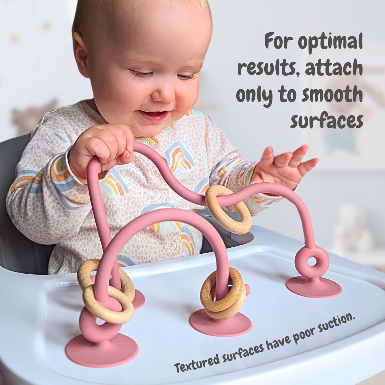 Teething Suction Toy – Wood & Silicone Baby Toys 0-6 Months, Sensory Toy for Early Development, Suction Teether for High Chair Toy, Baby Gift for Boys and Girls - Blue