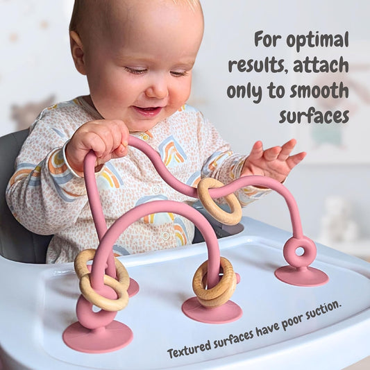 Teething Suction Toy – Wood & Silicone Baby Toys 0-6 Months, Sensory Toy for Early Development, Suction Teether for High Chair Toy, Baby Gift for Boys and Girls - Blue