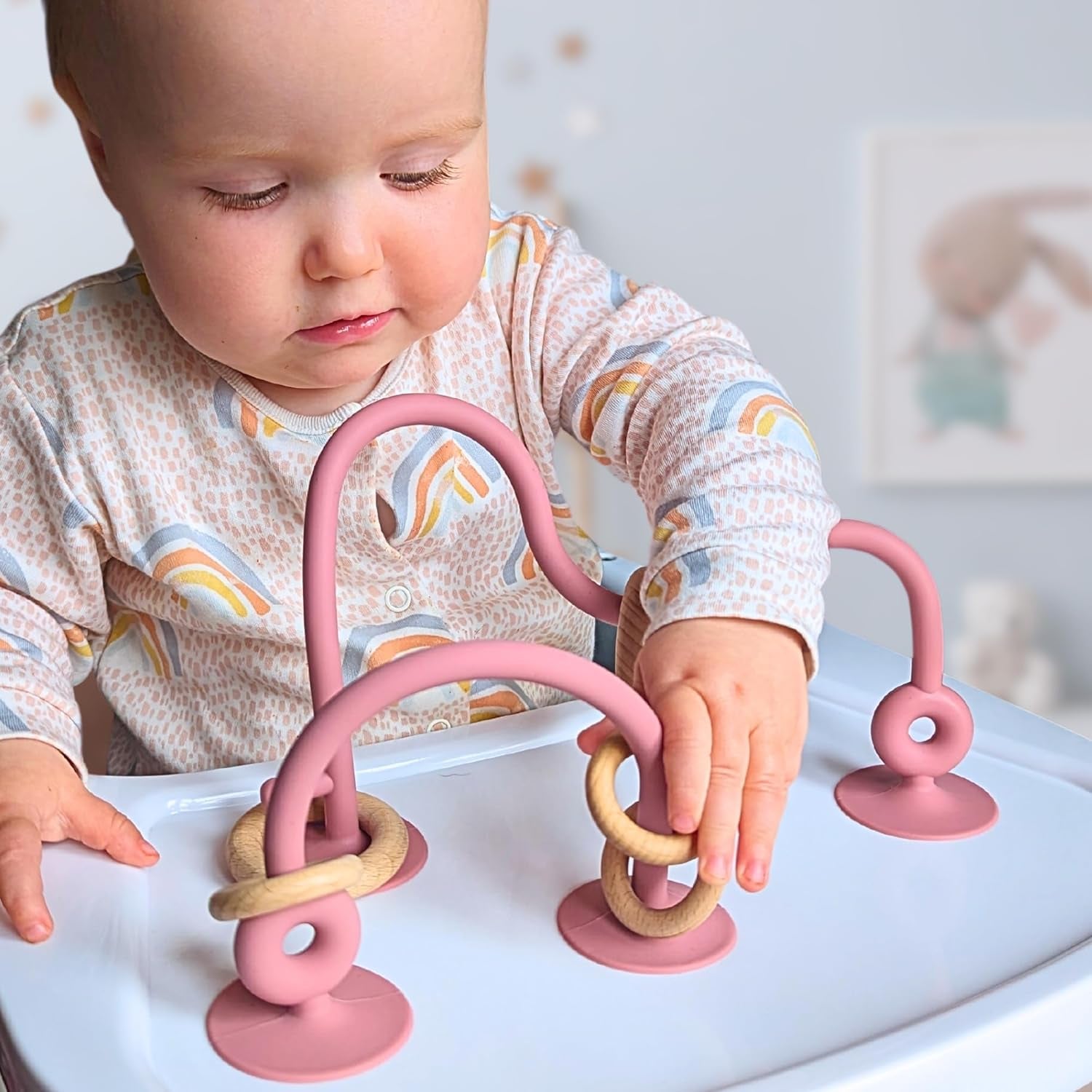 Teething Suction Toy – Wood & Silicone Baby Toys 0-6 Months, Sensory Toy for Early Development, Suction Teether for High Chair Toy, Baby Gift for Boys and Girls - Blue